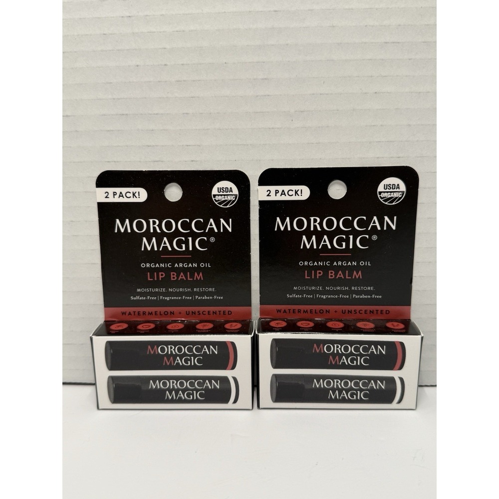 2 New Packs Of 2 Moroccan Magic Lip Balm Watermelon & Unscented Organic